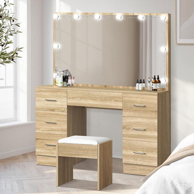 Dressing Table with Extra Biggest Mirror 113Cm Makeup Mirror Vanity Desk with 7 Storage Drawers and Stool Wood