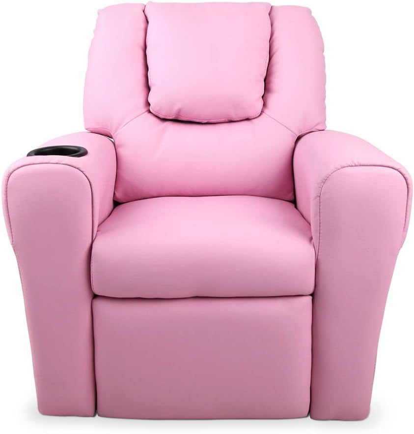 Keezi Kids Recliner Chair, PU Leather Sofa Couch Armchair Loungefly Outdoor Lounge Chairs Home Bedroom Living Room Playroom Children Furniture, with 9Cm Thick Foam Adjustable Precise Recline Pink