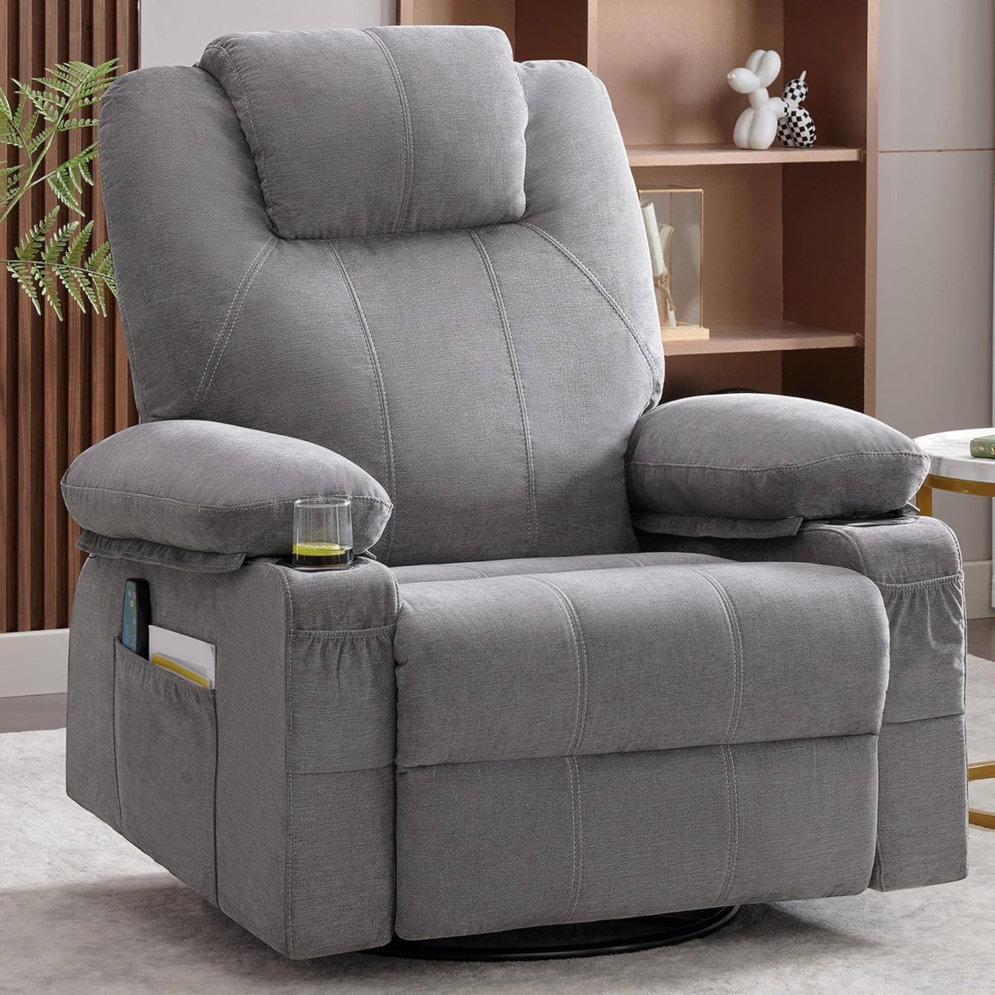 Weture Swivel Rocker Recliner Chair with Heat and Massage, 360 Degree Swivel Rocking Single Sofa with Cup Holders and USB Port, Big Large Oversized Recliner Chair for Living Room (Fabric, Grey)