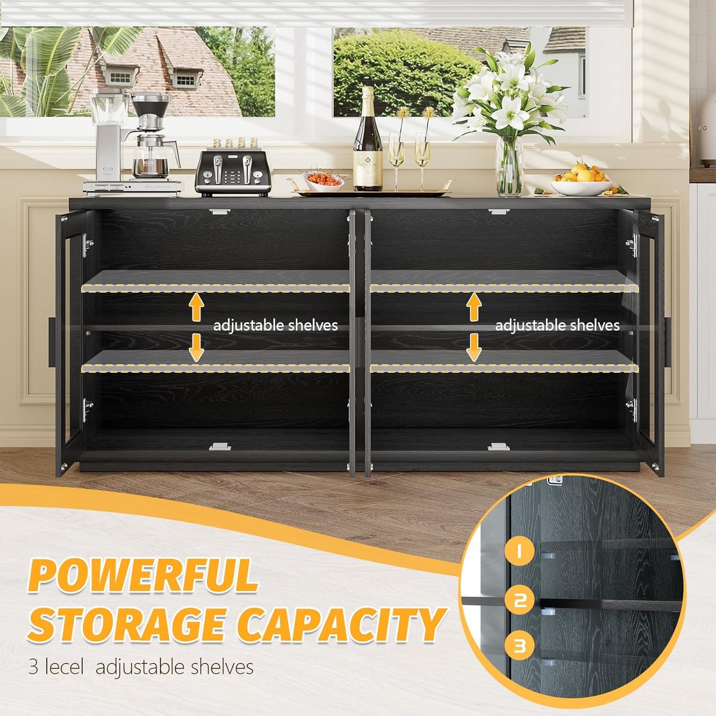 Wine Bar Cabinet with LED Light, 65" Sideboard Buffet Cabinet with Storage, Modern Home Coffee Bar Cabinet with Smart Human Sensor for Kitchen Dining Room Living Room, Black