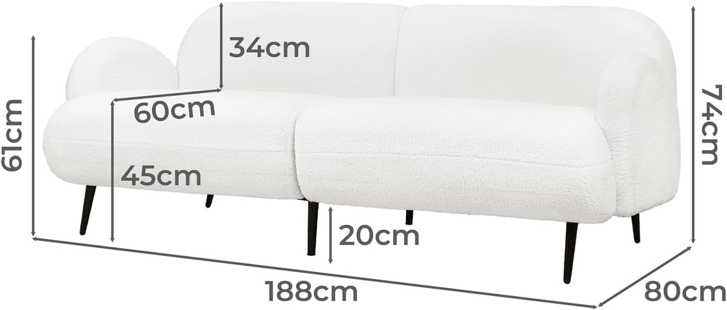 3 Seater Sofa, Soft Upholstered Boucle Sherpa Fabric Loveseat Sofa Couch, Comfy Recliner Sofa Lounge, Spare Bed for Guest Room, Living Room, Office, Studio, Load up to 250Kg (188Cm, White)