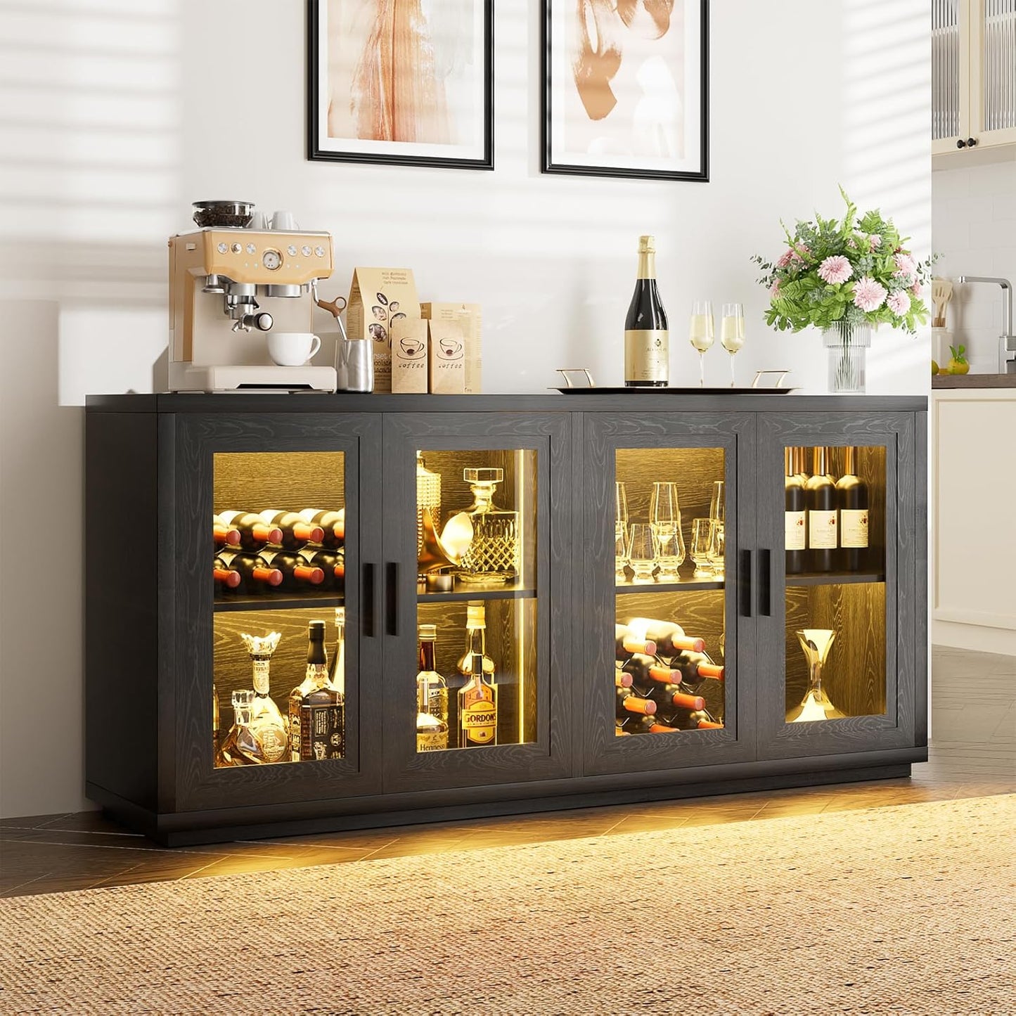Wine Bar Cabinet with LED Light, 65" Sideboard Buffet Cabinet with Storage, Modern Home Coffee Bar Cabinet with Smart Human Sensor for Kitchen Dining Room Living Room, Black