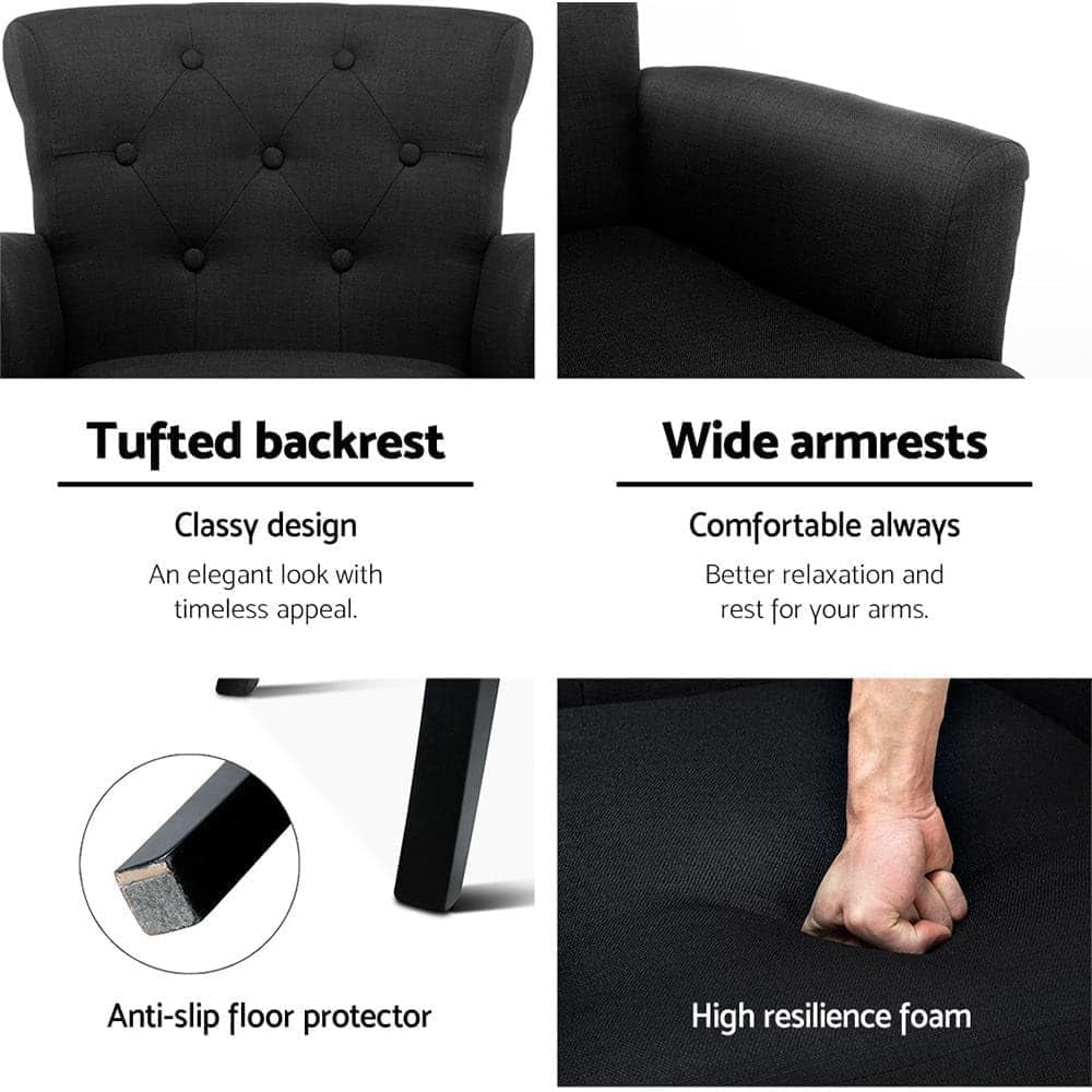Armchair Black Wingback Recliner Lounge Dining Chairs Sofa Nursing Seat Occasional Reading Seating Home Living Room Bedroom Furniture, Polyester, Armchairs in 44Cm Height