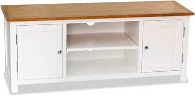 TV Cabinet Solid Oak Wood & Pinewood - Two-Tone Design, Ample Storage Space for Multimedia Appliances, with Cable Outlets, Requires Assembly