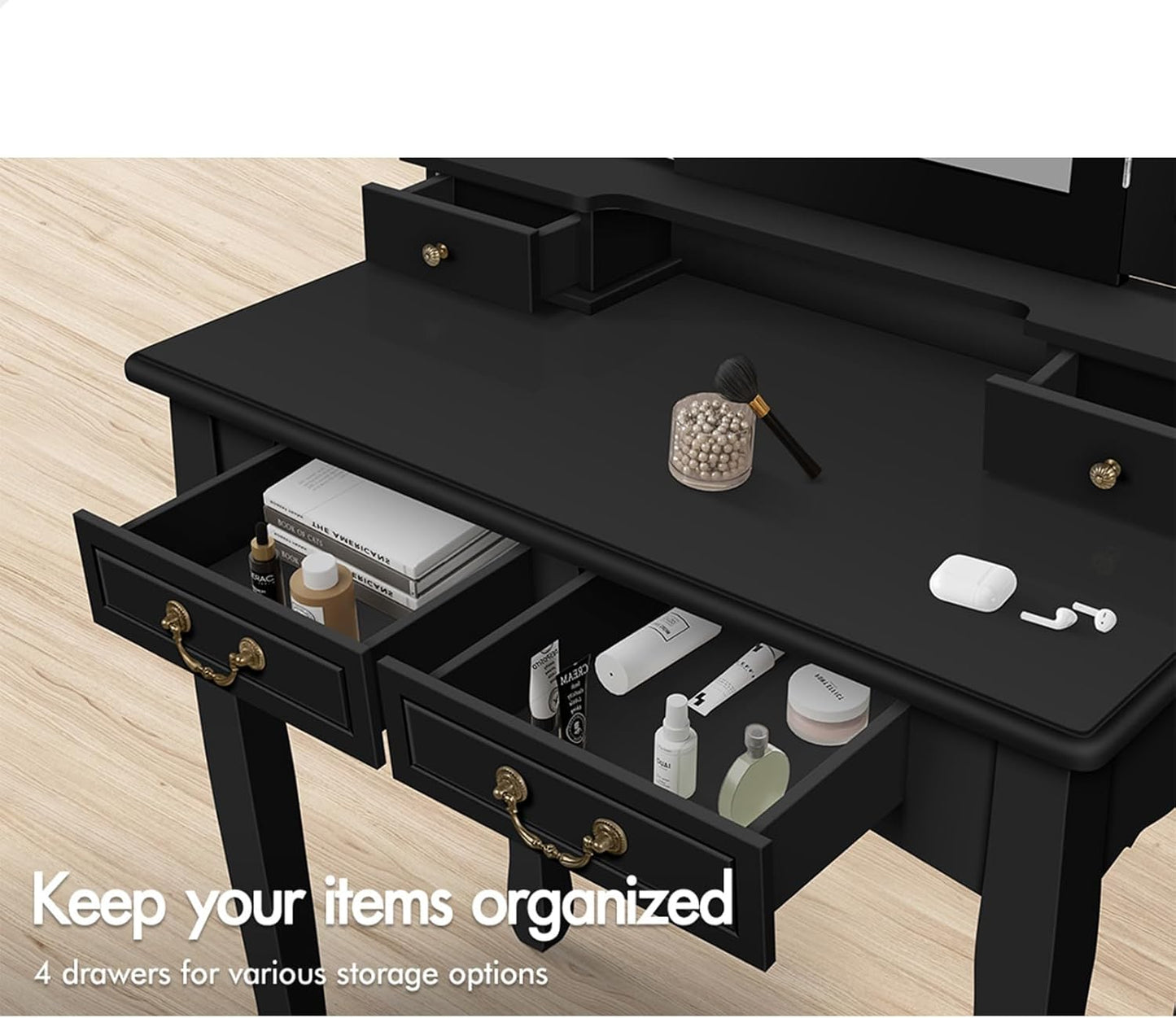 Dressing Table and Stool Chair Set Black Color, Makeup Vanity Desk with Foldable Tri-Fold Mirror, Dresser Organiser for Women Bedroom Dress Room