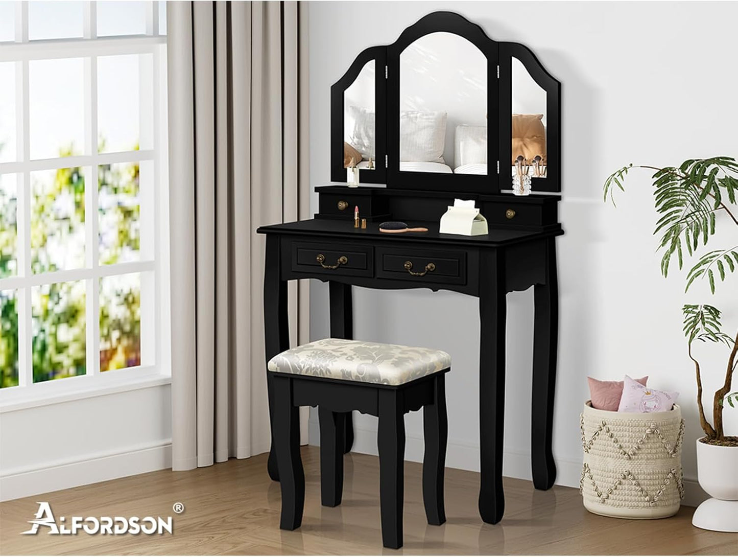 Dressing Table and Stool Chair Set Black Color, Makeup Vanity Desk with Foldable Tri-Fold Mirror, Dresser Organiser for Women Bedroom Dress Room