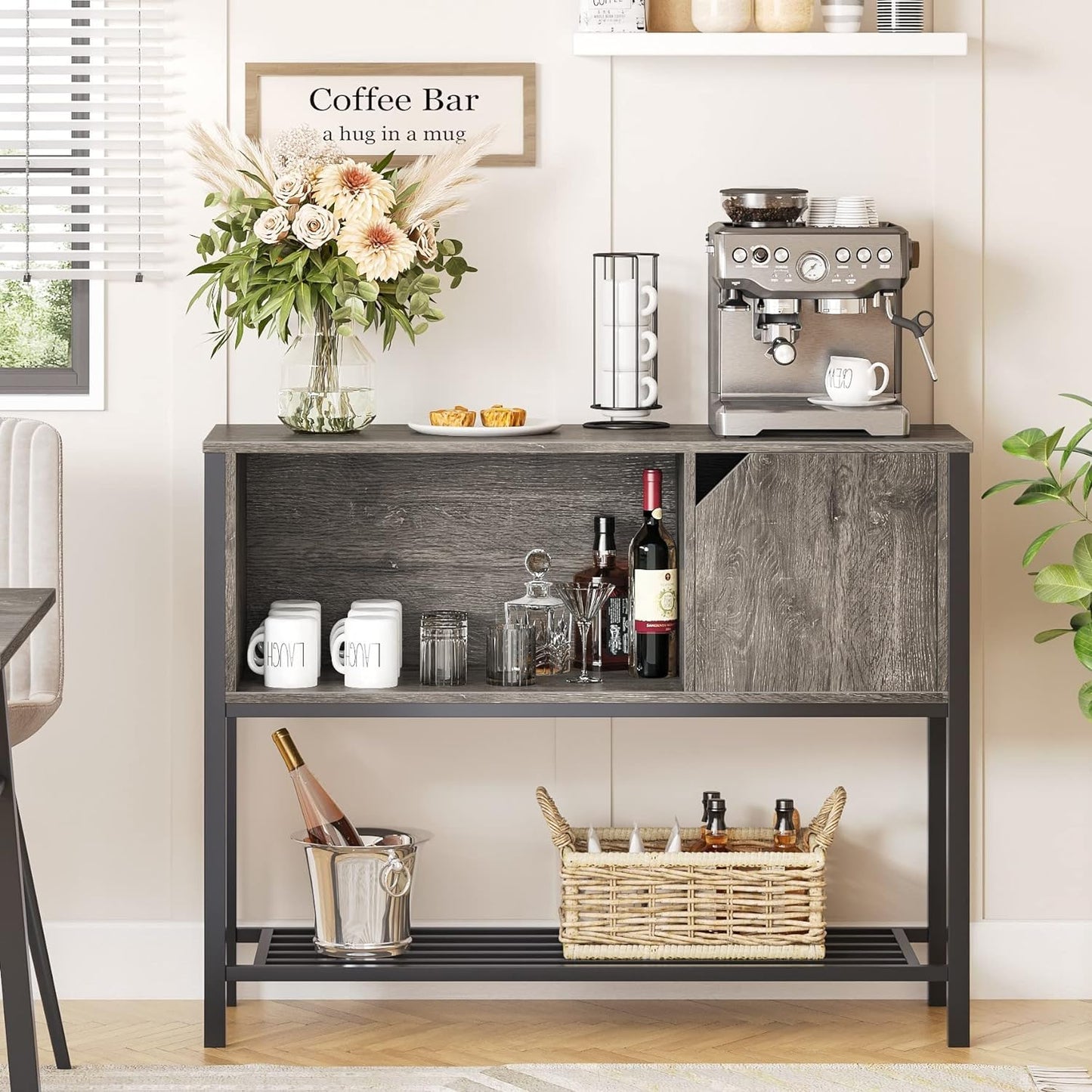Coffee Bar with Storage Buffet Cabinet Kitchen Sideboard with Adjustable Shelves Console Table for Kitchen Dining Room, Grey