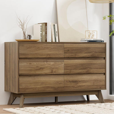 Chest of Drawers with 6 Drawer, Oak Wood Dresser Tallboy Storage Cabinet,Walnut