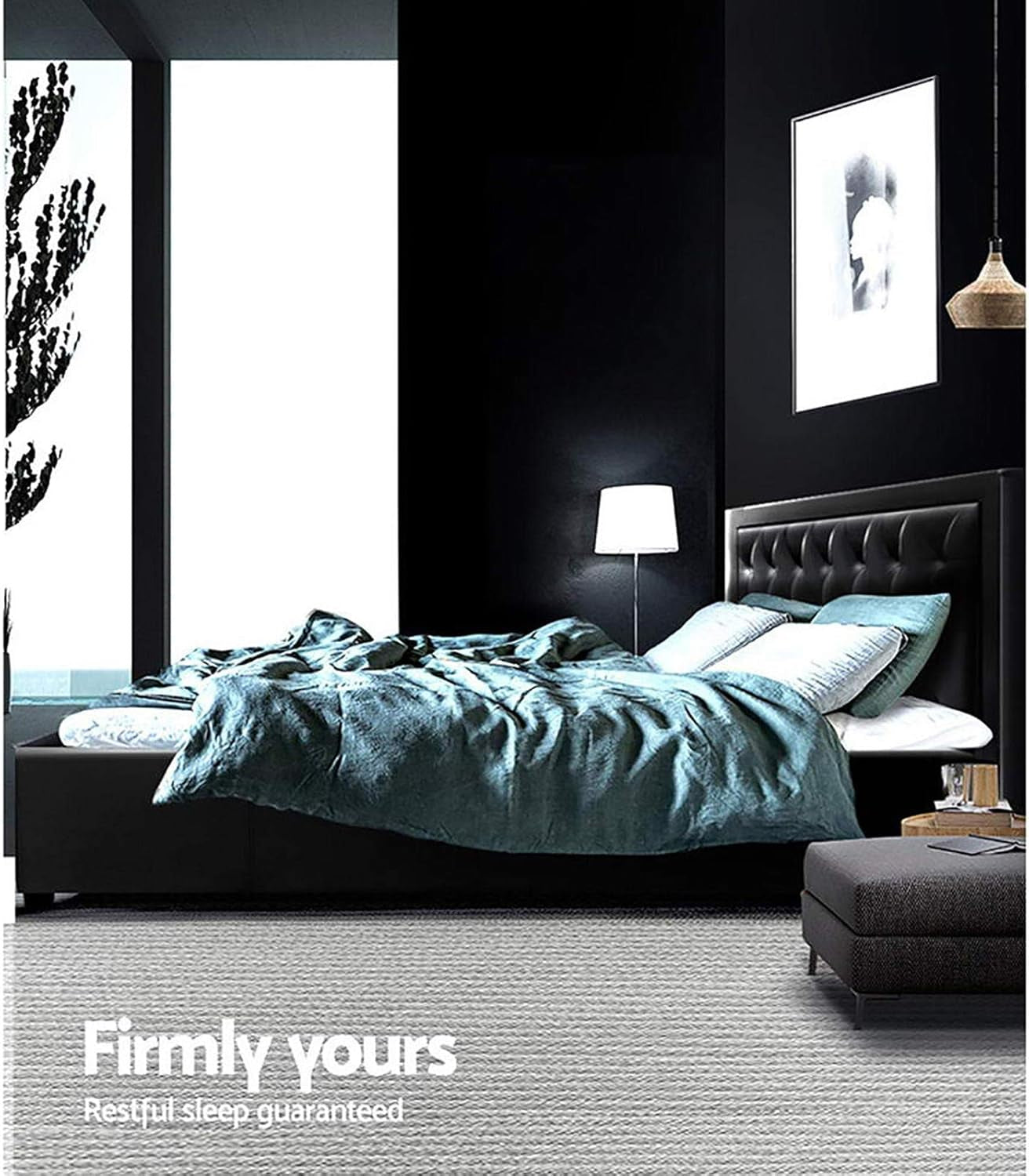 King Bed Frame Platform Tufted Headboard Frames Gas Lift Beds Base with Storage Space, Upholstered with Black PVC Leather + Foam + Wood
