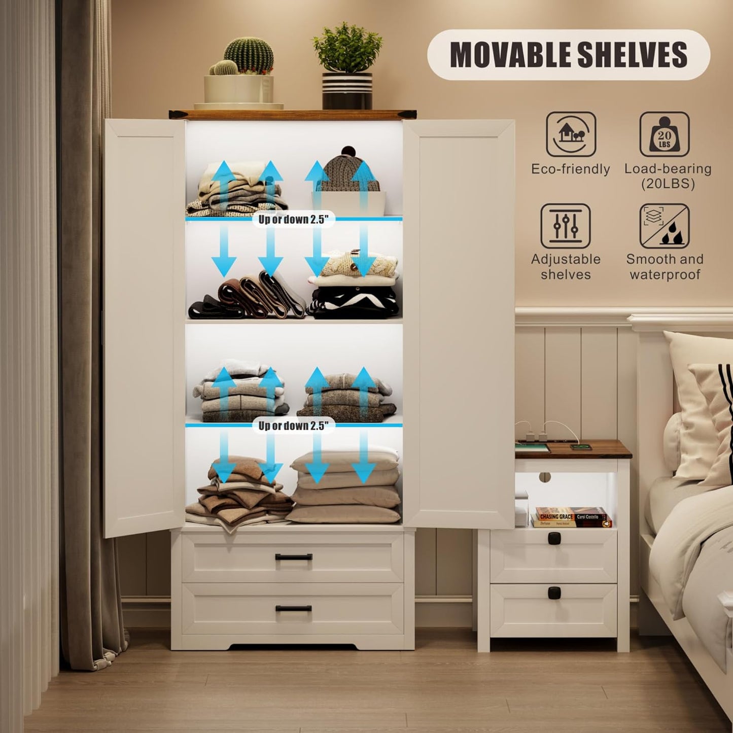 Farmhouse Storage Cabinet with Adjustable Shelves, 69" Tall Pantry Cabinet with 2 Drawers & Doors, Wood Storage with LED Light for Kitchen, Dining Room, Bathroom, Utility Room, White