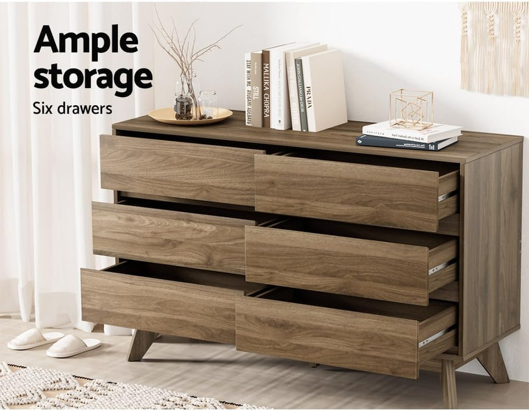 Chest of Drawers with 6 Drawer, Oak Wood Dresser Tallboy Storage Cabinet,Walnut
