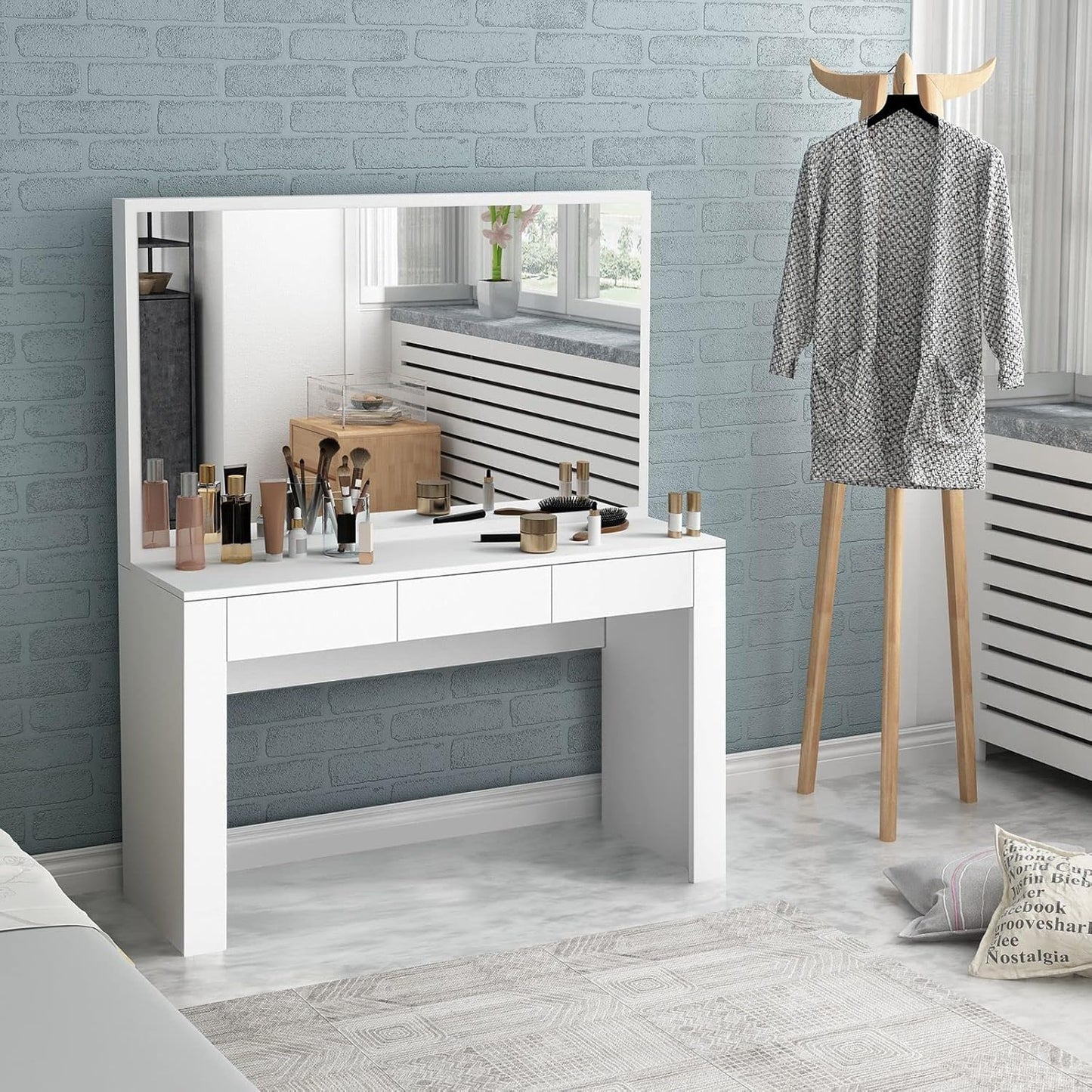 Dressing Table with Mirror Vanity Makeup Table with 3 Drawers Storage Modern Bedroom Furniture White