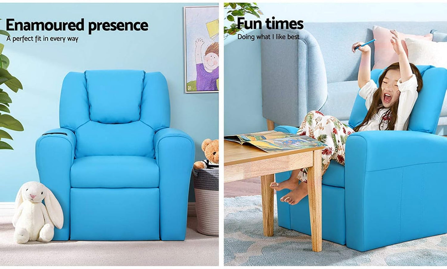 Keezi Kids Recliner Chair, PU Leather Sofa Couch Armchair Loungefly Outdoor Lounge Chairs Home Bedroom Living Room Playroom Children Furniture, Thick Foam Padding Adjustable Precise Recline Blue