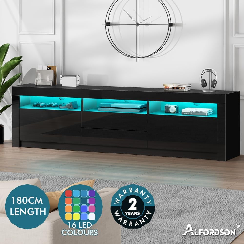 ALFORDSON LED Light TV Cabinet Stand with Storage Cabinet, Shelves and Drawers, Entertainment Unit with Shelves & 2 Drawers, RGB Minimalist Design Multimedia Centres,180X35X60Cm, Black