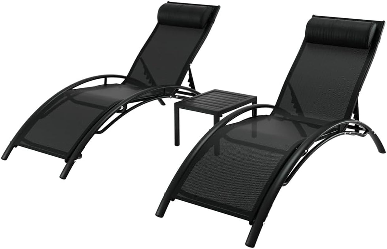 3Pcs Sun Lounge with Table, Camping Chair Lounger Day Bed Chaise Beach Chairs Outdoor Furniture Garden Patio Setting Pool Backyard, Adjustable Backrest Black