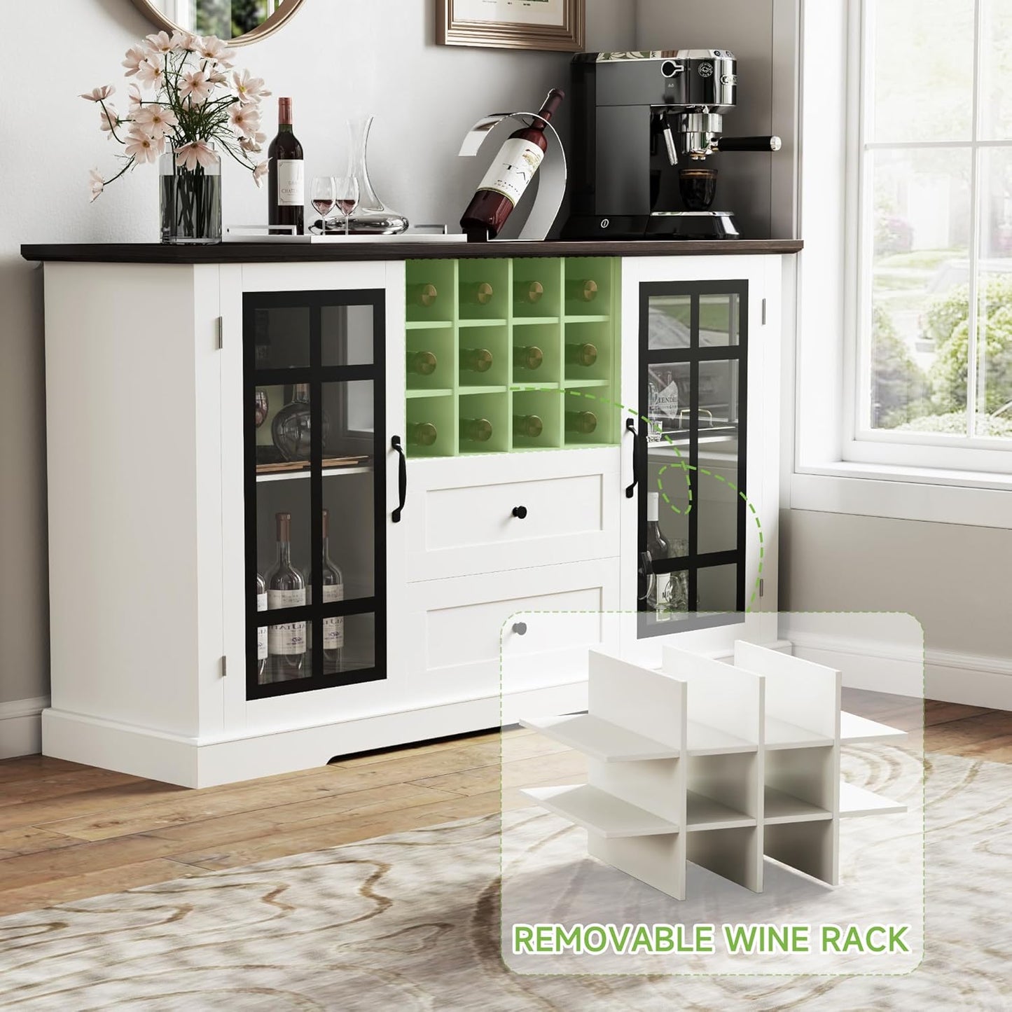 Farmhouse Buffet Cabinet with Storage, Large 59'' Sideboard Wine Coffee Bar Cabinet with 2 Glass Doors, Removable Wine Rack, Buffet Table Storage Cabinet for Kitchen,