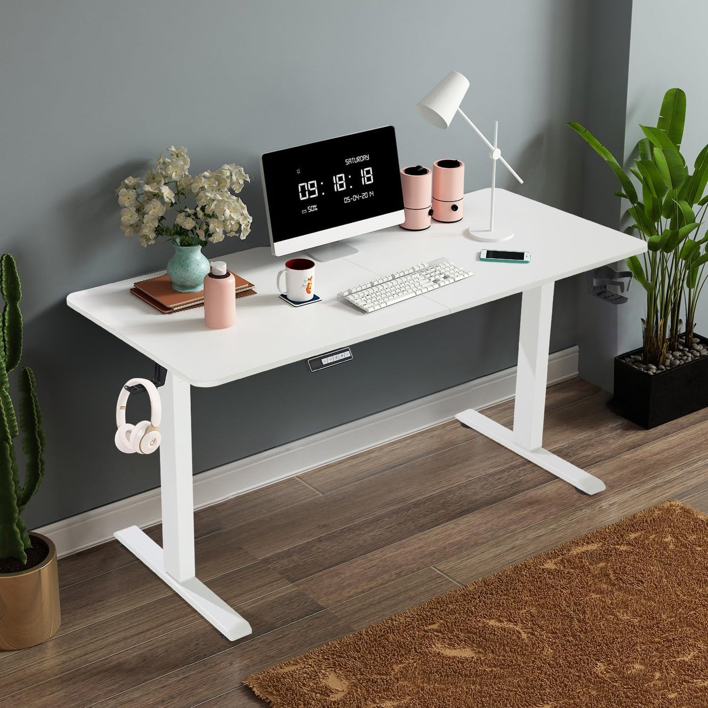 Height Adjustable Electric Standing Desk,160 X 70Cm Splice-Piece Board,Rising Home Office Computer Table with Memory Controller (White, 160 X 70Cm)