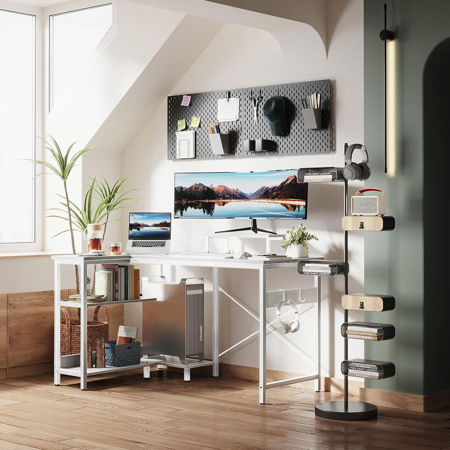 ODK L Shaped Computer Desk with Reversible Storage Shelves, 100 * 70 * 87.7Cm L-Shaped Desk, Corner Desk with Monitor Stand for Small Space, Home Office Desk, Modern Simple Writing Table, White