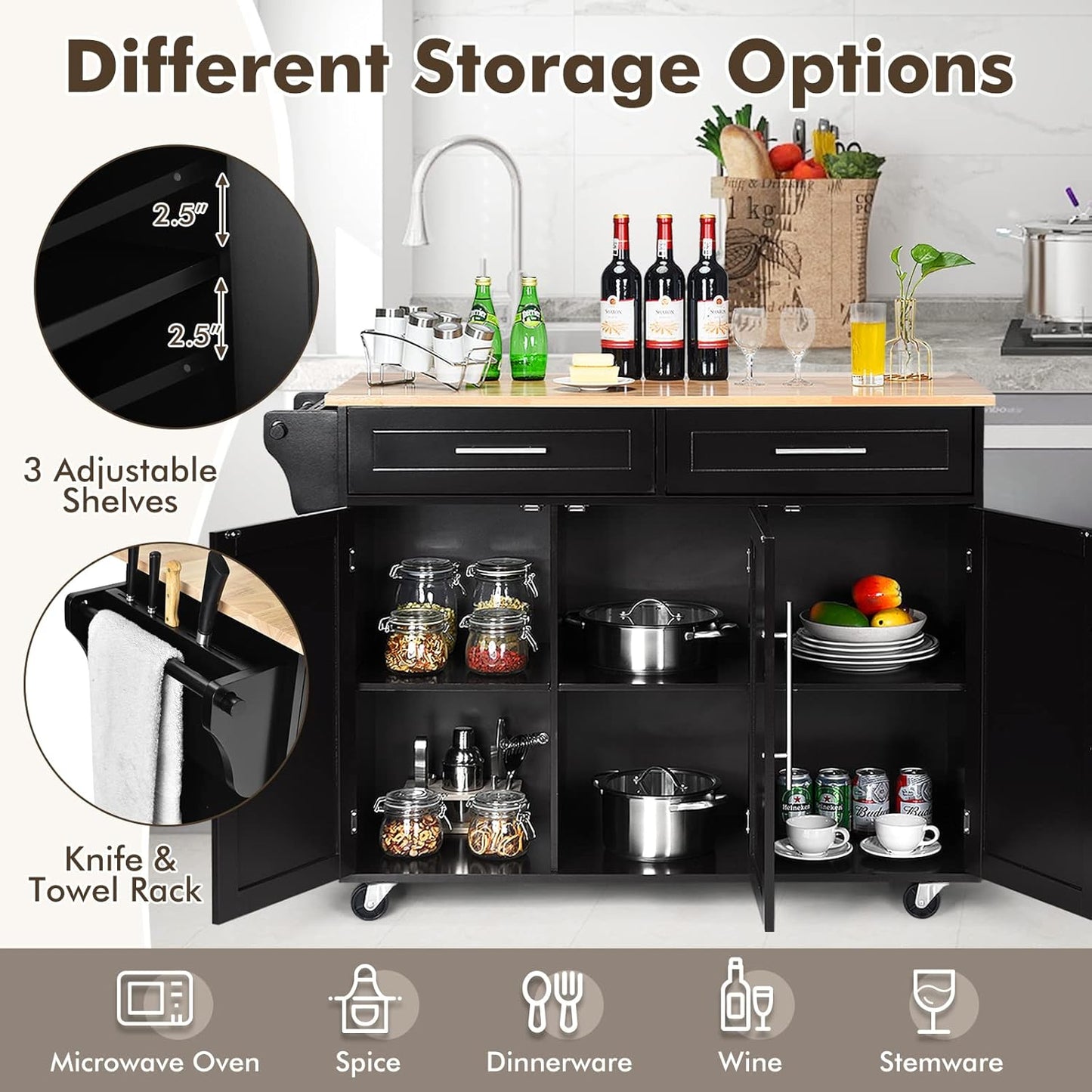 Mobile Kitchen Island Cart, Rolling Storage Trolley with Towel Bar, 2 Deep Drawers, 3 Door Cabinets, Swivel Casters, Rubber Wood Top, for Kitchen Dining Room (Black)