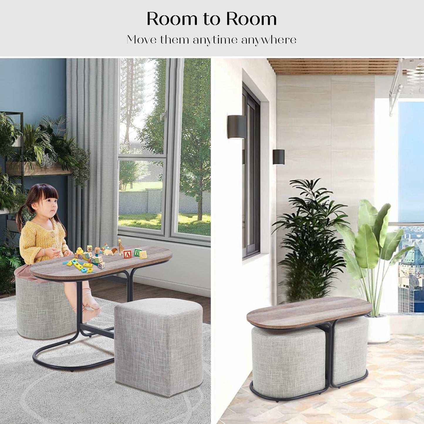 3 Piece Set Coffee Table & Ottoman Wood Side End Table Industrial Rustic - Cream Grey