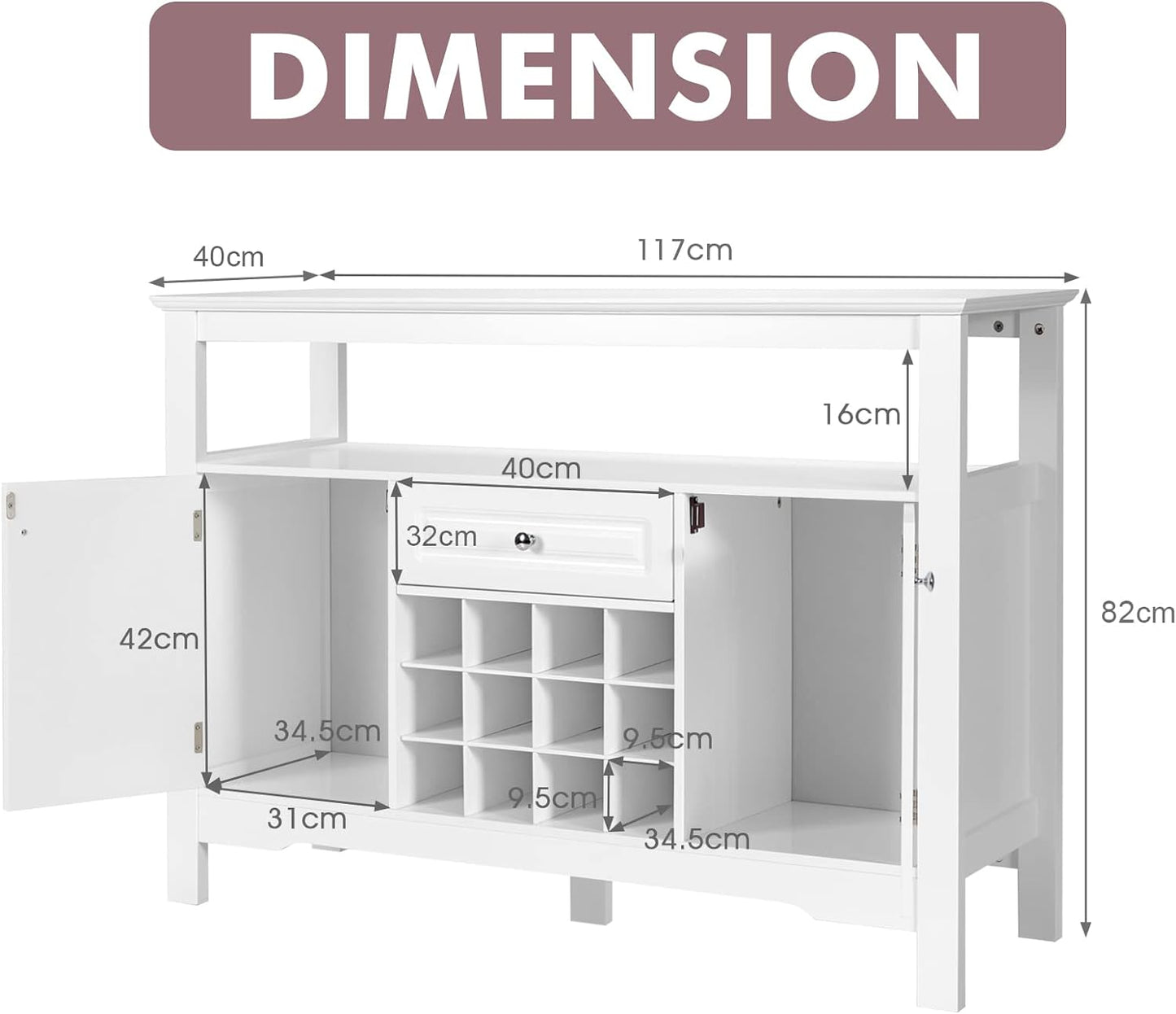 Wood Wine Cabinet, Sideboard Buffet (White)