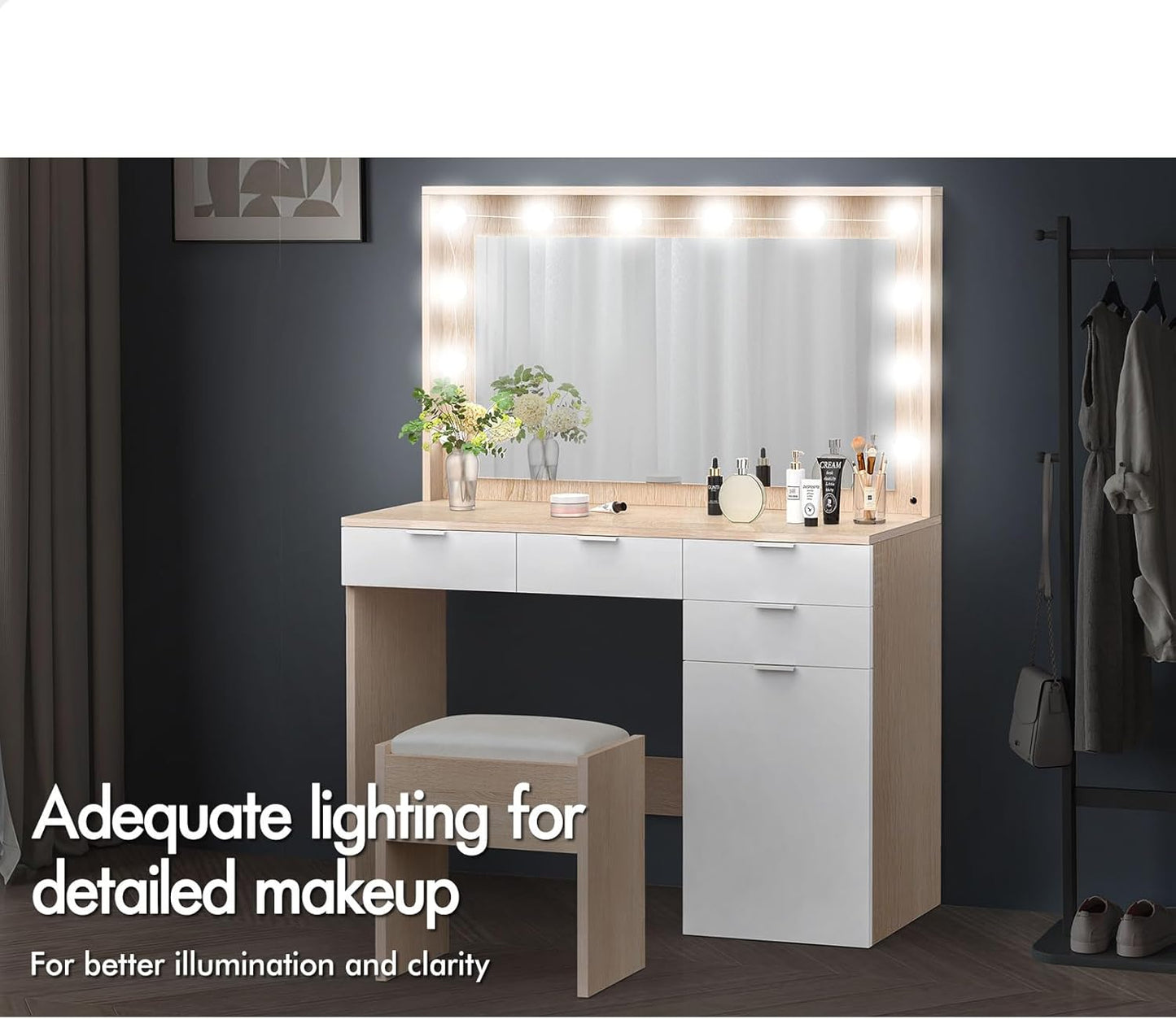 Dressing Makeup Table & Stool Set, Vanity Desk with Mirror 12 LED Light Bulbs in Adjustable 3-Colour, Jewellery Dresser Organiser with Drawers for Bedroom Dressing Room, Wood White