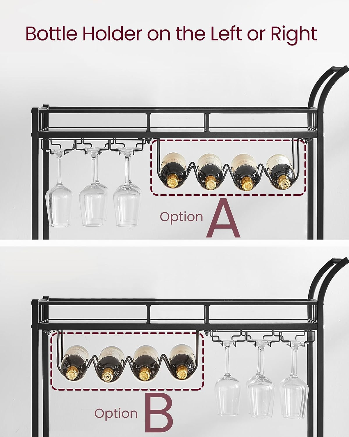 Bar Cart Black, Home Bar Serving Cart, Wine Cart with 2 Mirrored Shelves, Wine Holders, Glass Holders, for Kitchen, Dining Room, Black ULRC090B62
