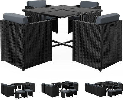 5Pcs Outdoor Dining Set Patio Furniture Garden Armchair, PE Wicker Rattan Lounge Chair and Glass Top Table with Steel Frame & Cushions, Uv-Resistant Conversation Sofa Set with Storage Cover