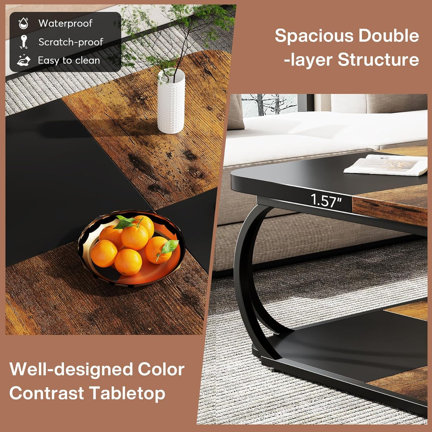 Coffee Table with Storage Shelf 100cm, 2-Tier Low Square Coffee Table with Farmhouse Wood Tabletop Heavy Duty Metal Curved Frame, Black Rustic Brown