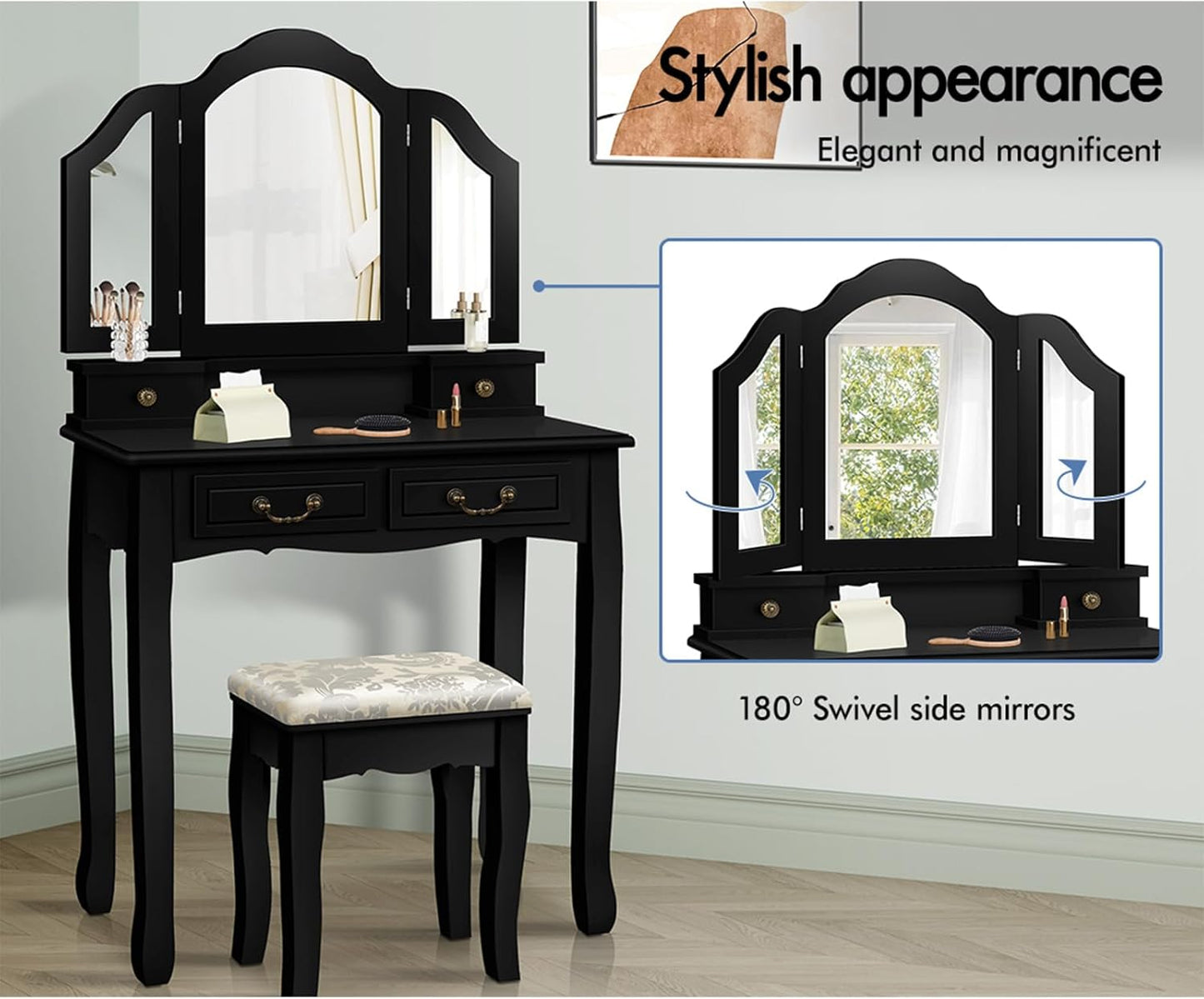 Dressing Table and Stool Chair Set Black Color, Makeup Vanity Desk with Foldable Tri-Fold Mirror, Dresser Organiser for Women Bedroom Dress Room