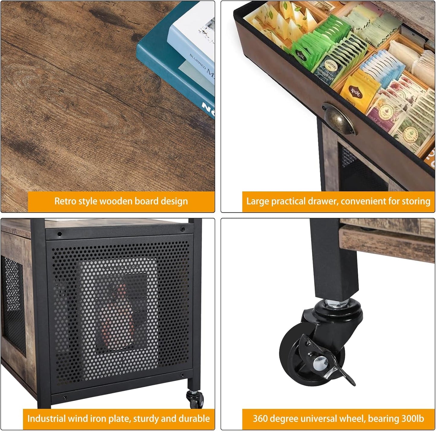 Coffee Bar Cabinet,3 Tiers Kitchen Coffee Cart with Drawer for the Home, Movable Farmhouse Coffee Station Table on Wheels for Living Room, Entryway, Dining Room, Kitchen