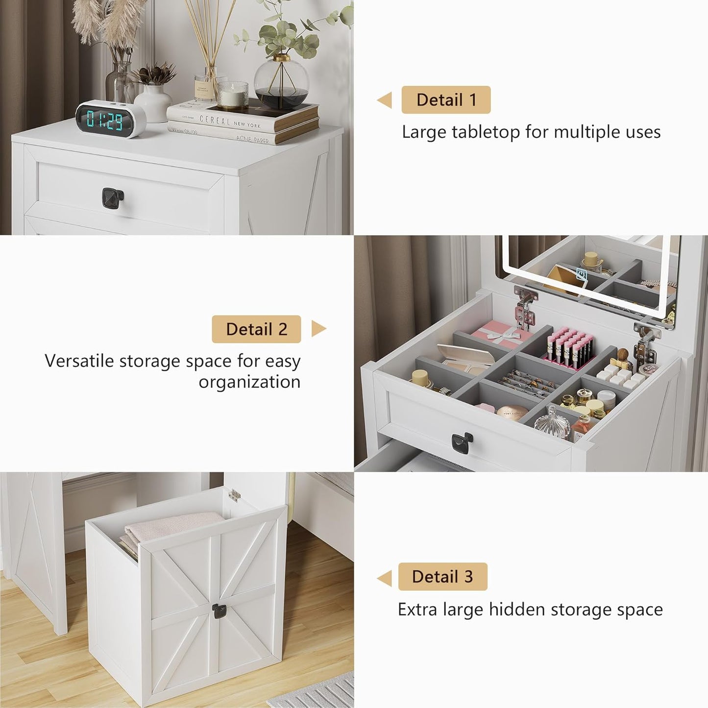 Farmhouse Vanity Desk with Mirror&Lights, 3 in 1 Small Makeup Vanity Set with Stool, Space-Saving Makeup Vanity with Storage Compartment, Dressing Table for Bedroom/Cloakroom, White
