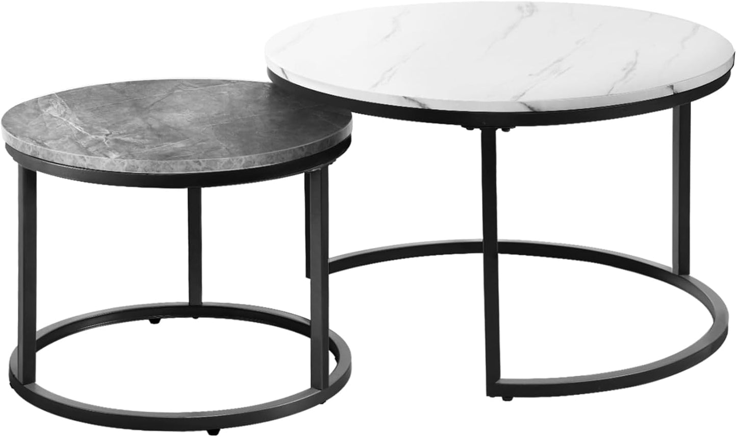 Round Coffee Table Set of 2 Marble Coffee Table Side Nesting Table White and Grey