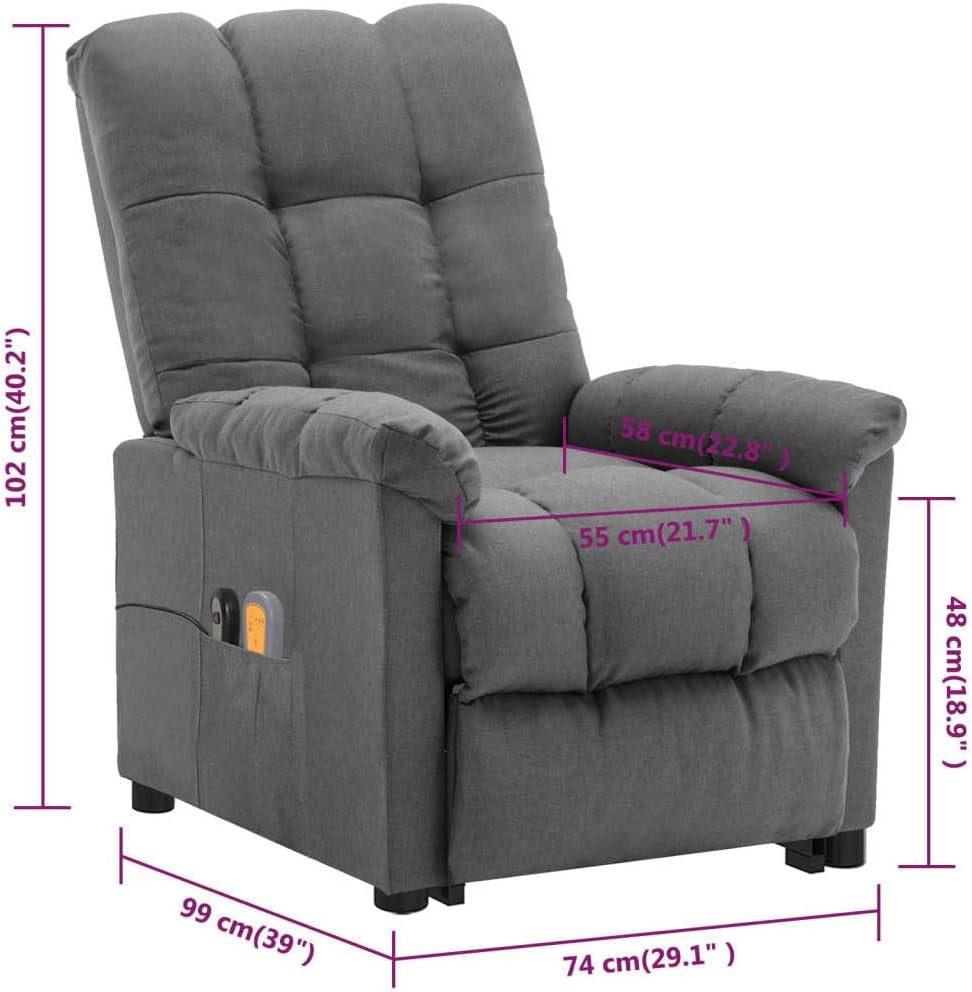 Vidaxl Fabric Massaging Recliner Chair - Light Grey, Flexible Manual Reclining with Electric Stand up Lift Function