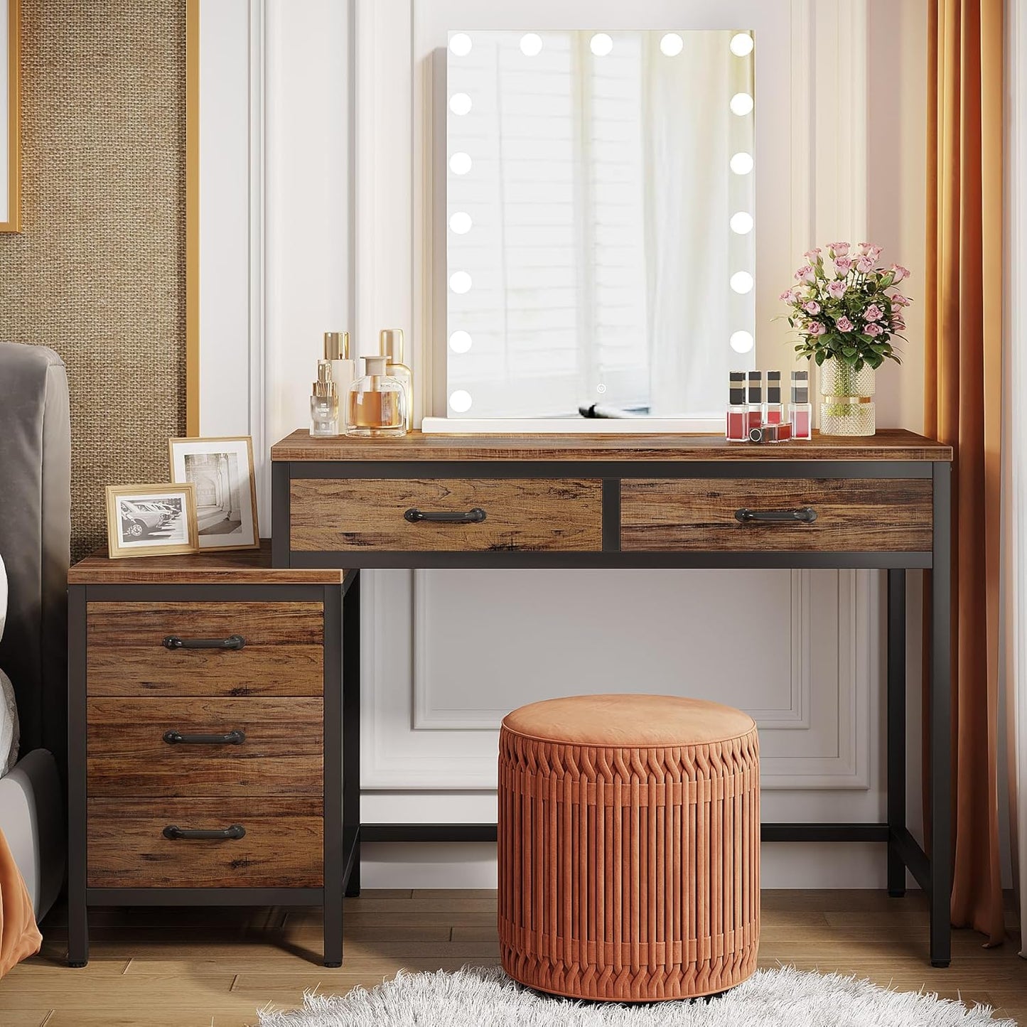 Vanity Desk with 5 Drawers, Makeup Vanity Table Dressing Table with Side 3-Drawer Chest, Make up Vanities for Women, Girls (Without Mirror)