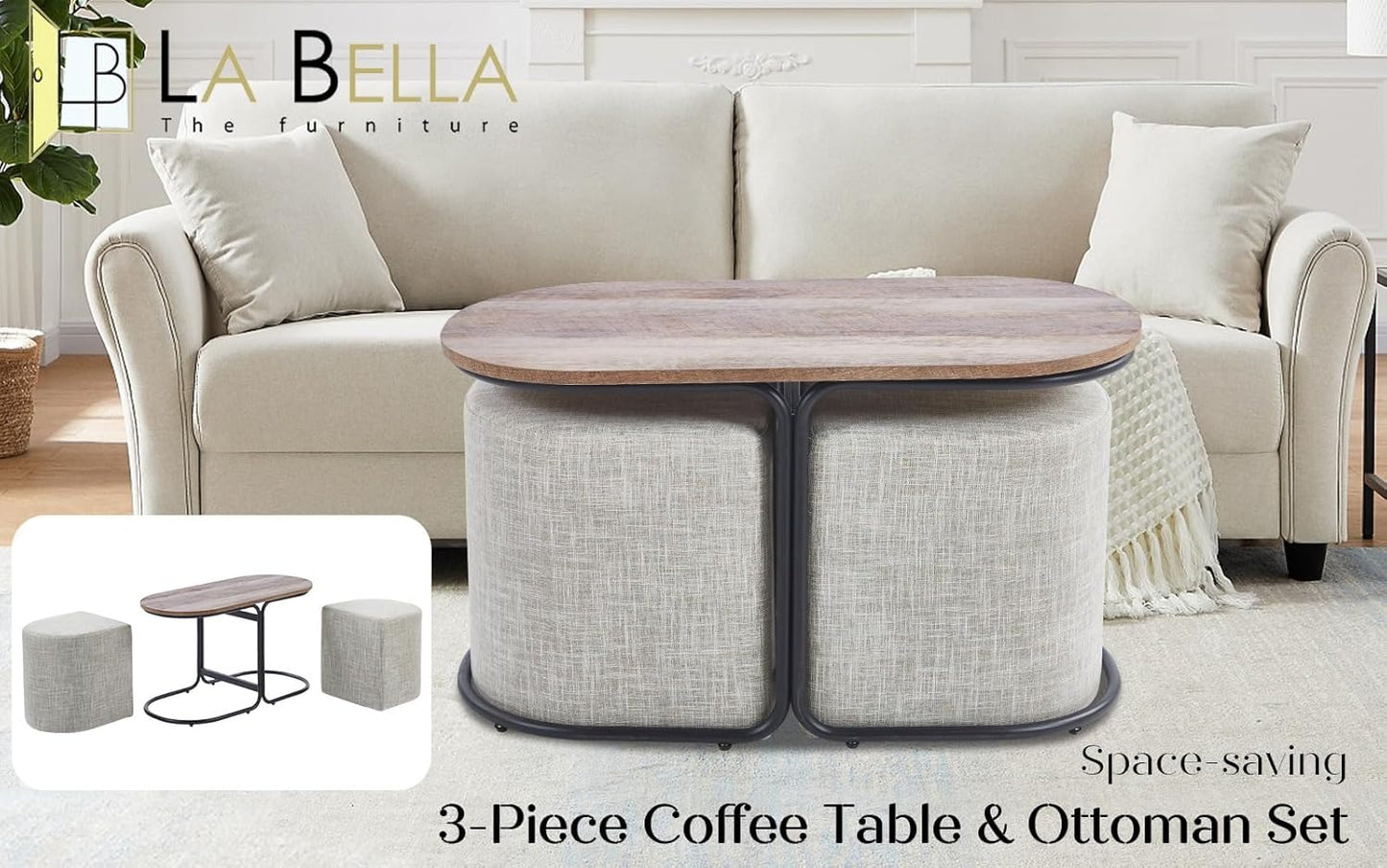 3 Piece Set Coffee Table & Ottoman Wood Side End Table Industrial Rustic - Cream Grey
