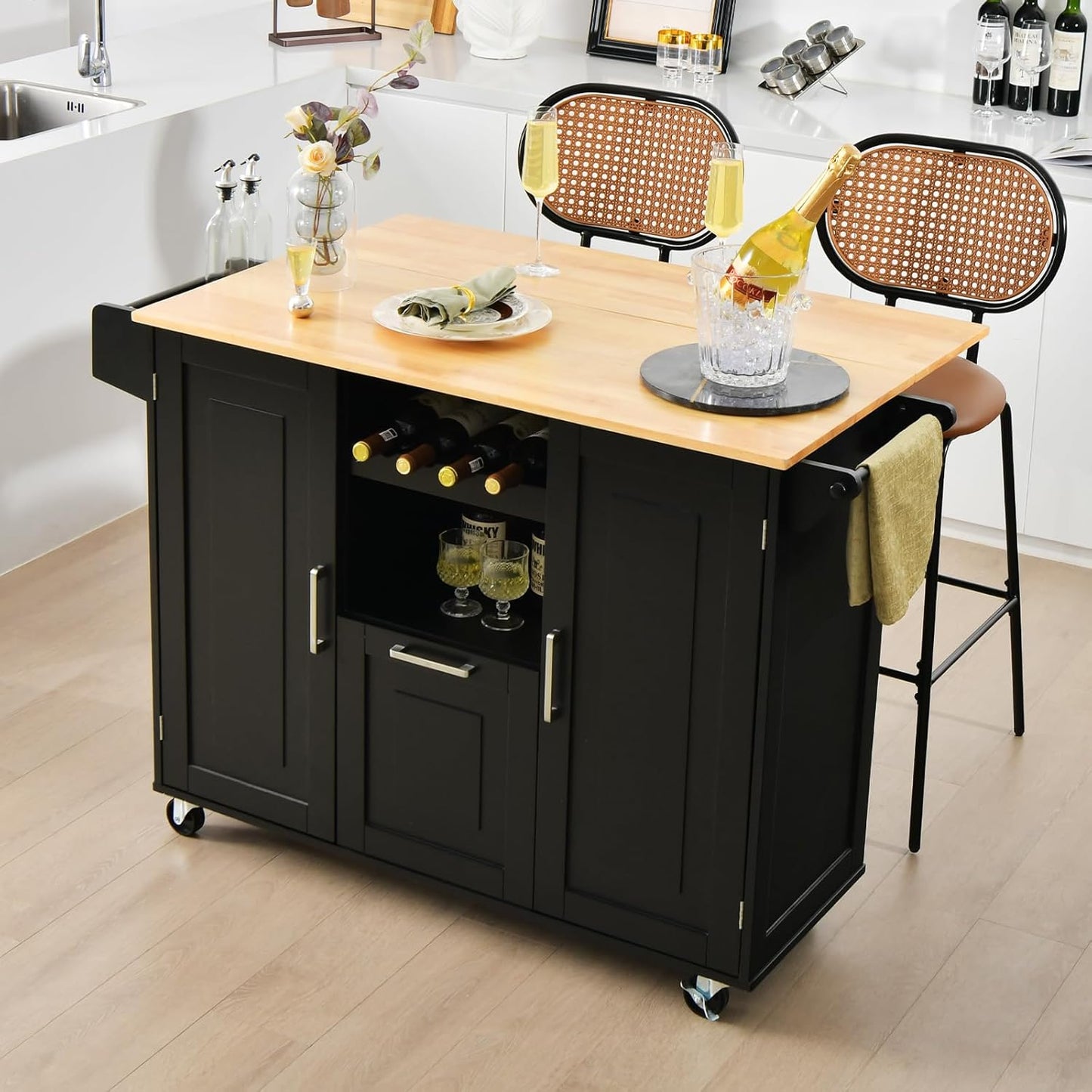 Rolling Kitchen Island Cart, Large Kitchen Island W/Drop-Leaf Countertop & 4 Rotatable Casters, Kitchen Trolley Cart with Deep Drawer, Open Wine Bottle Rack & Towel Bar (Black)