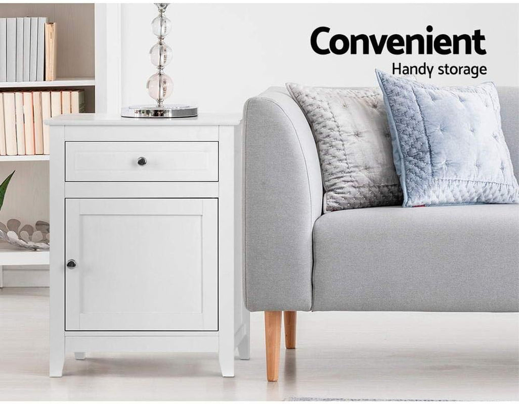 Bedside Table White Side Tables Storage Small Narrow Desk Chest of Drawers, with Drawer and Cabinet, Tallboy Lamp Stand Nightstand in 53Cm Height