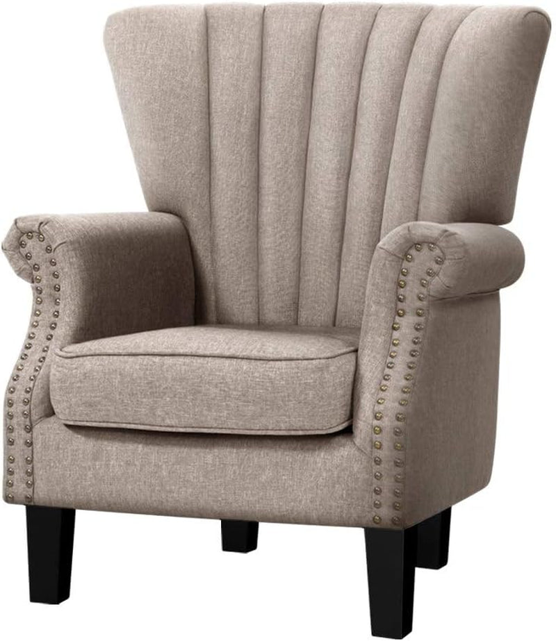 Armchair Beige Arm Lounge Dining Chairs Nursing Occasional Reading Seating Single Sofa Home Living Room Bedroom Furniture Upholstered with Linen Fabric + Wooden Legs