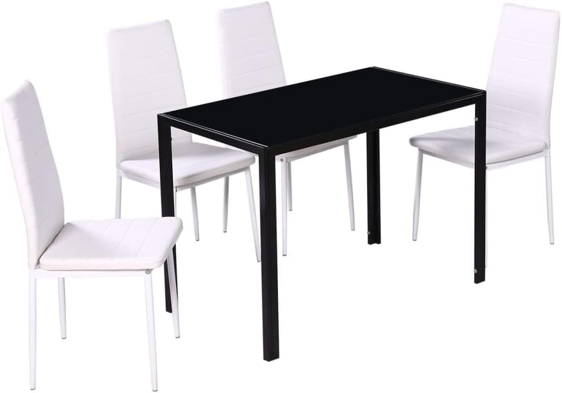 Five Piece Dining Table Set Black and White,Modern Dining Table Set with Tempered Glass and Artificial Leather Chairs in Black and White Furniture Sets