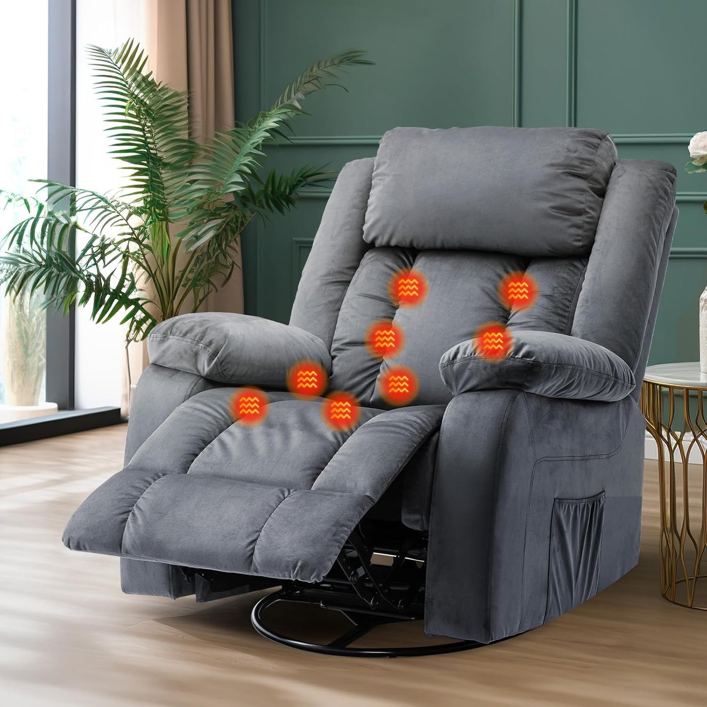 Ufurniture Massage Recliner Chair 140°Tilt 8 Point Heated Vibration Dark Gray Recliner Chair for Adults 360 ° Rotate Circular Base with Side Pocket