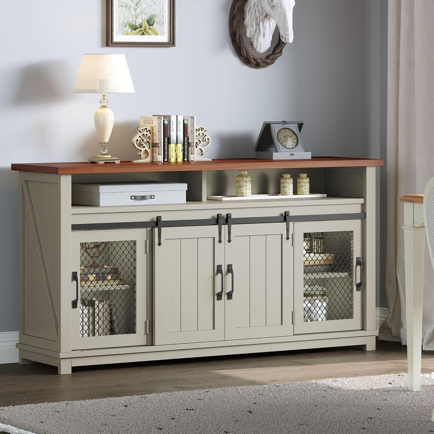 160cm Farmhouse Buffet Cabinet with Storage, Large Coffee Bar Cabinet with 2 Sliding Barn Doors & 2 Visual Grid Doors, Kitchen Sideboard Storage Cabinet for Living Room, White