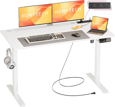 HOMETECH Electric Standing Desk, 120 X 60 Cm Sit Stand Desk with Power Outlets & Type-C/Usb, Height Adjustable Gaming Desk with 3 Smart Memory Height Settings, Hanging Hook, Cable Management, White
