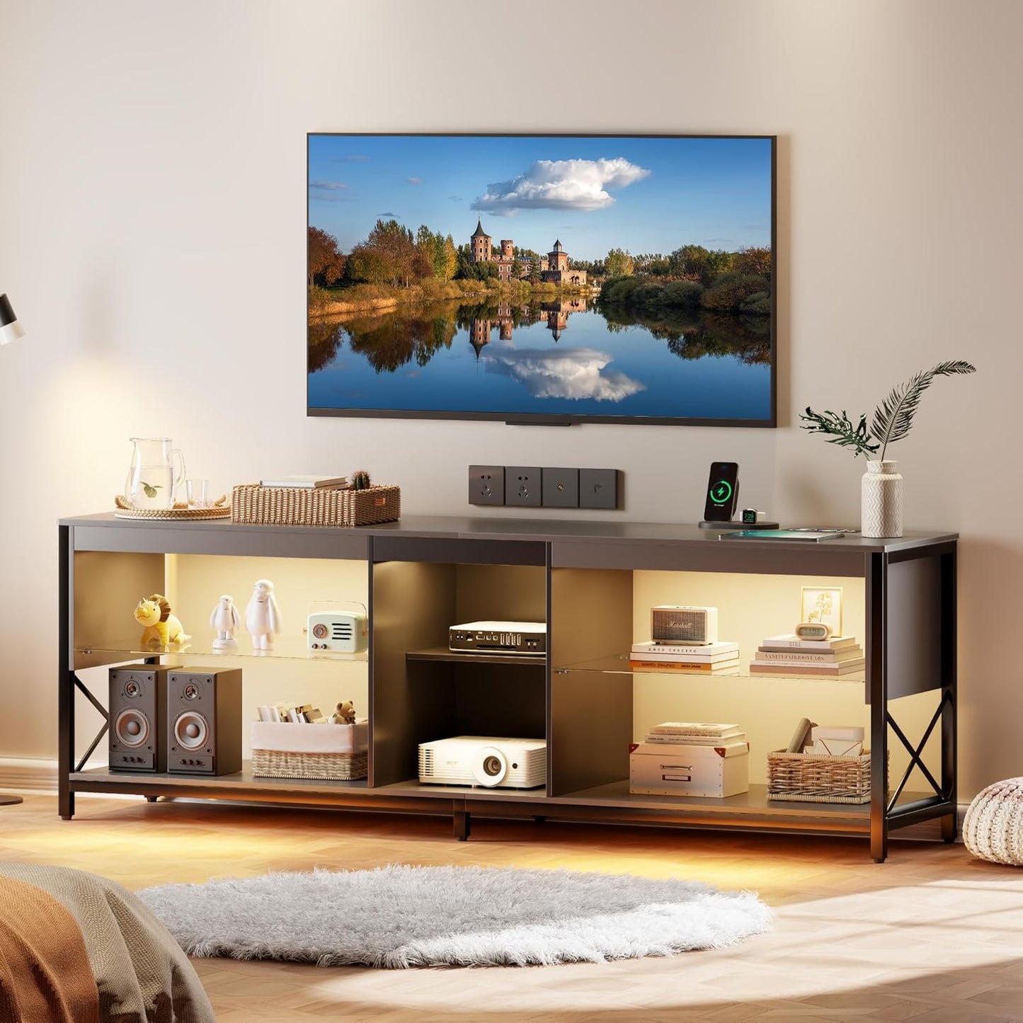 Dystler LED TV Stand for 55/60/65/75 Inch Tv,Smart Gaming Entertainment Center with Wireless Charging Station,Modern TV Cabinet with Adjustable Glass Shelves for Living Room, Bedroom 58 Inch,White