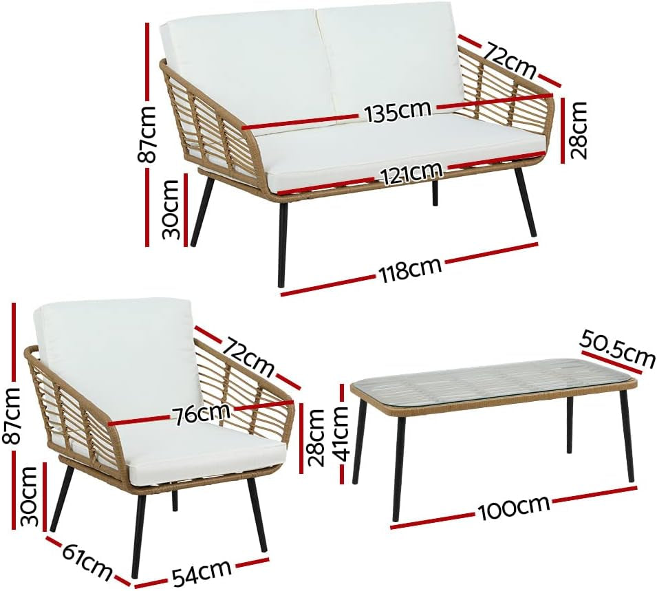 Outdoor Sofa 4 Piece Wicker Lounge Setting Table and Chairs, Patio Furniture Rattan Modular Set Garden Pool Deck Backyard, Weather-Resistant Cushions Glass Tabletop Brown