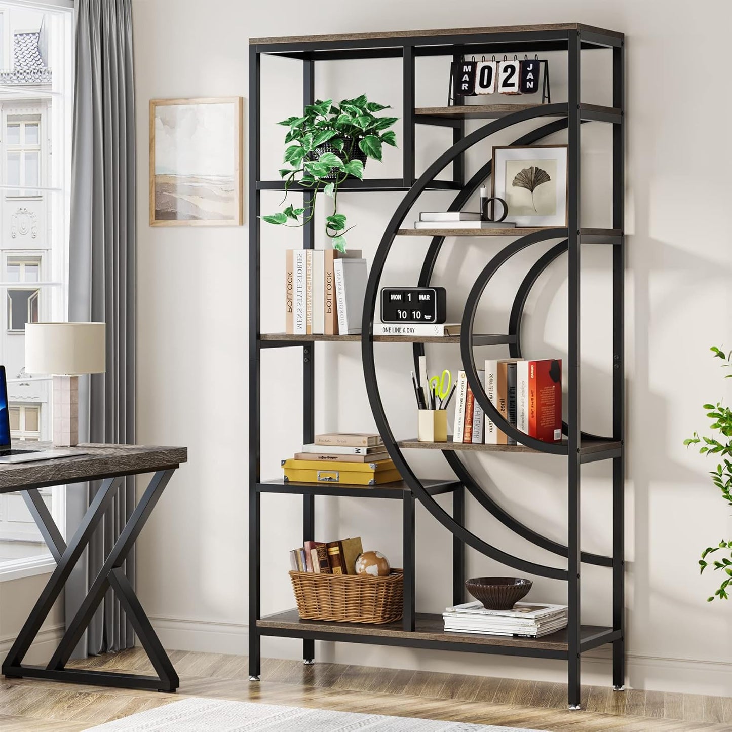 Geometric Bookcase, 71 Inches, Industrial 8-Tiers Bookshelves, Rustic Etagere Bookcase with Metal Frame, Tall Freestanding Open Storage Shelving Units for Home Office, Living Room
