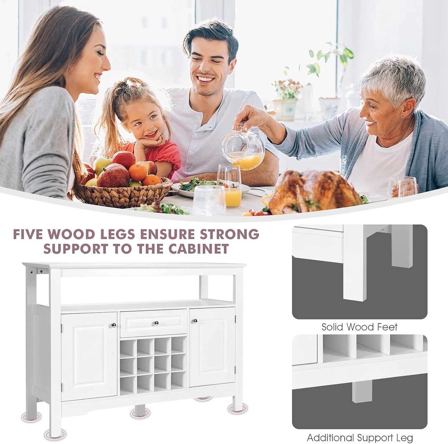 Wood Wine Cabinet, Sideboard Buffet (White)