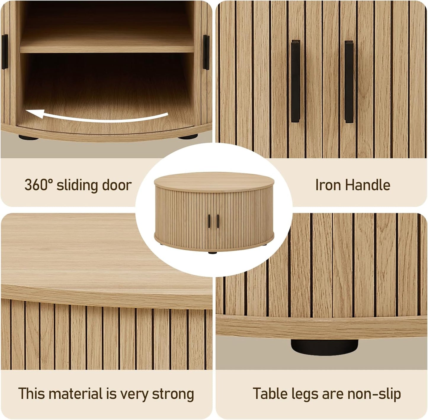 Round Coffee Table with Storage, Mid Century Modern Coffee Table with Sliding Cabinet Door, Wood Coffee Table for Living Room Oak