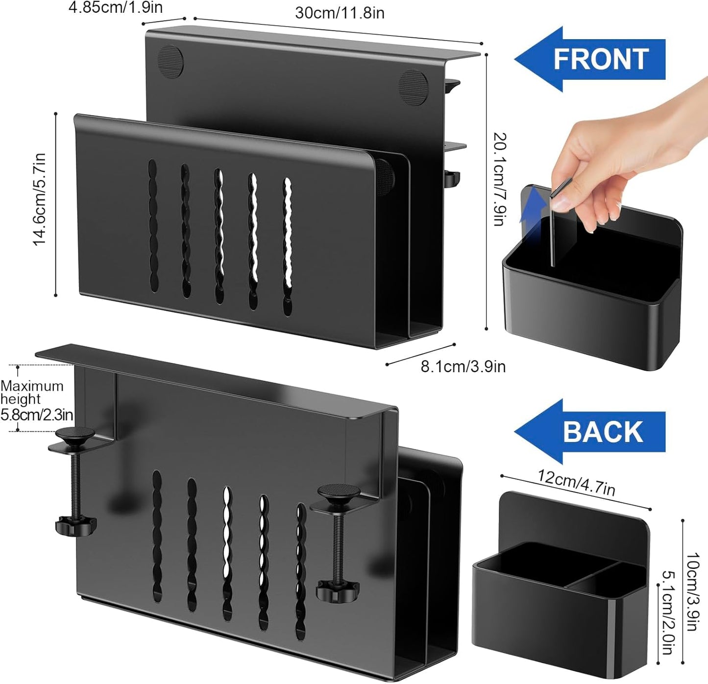 Desk Side Storage, 2 Tier Steel Hanging Desk Organizer with Magnetic Pen Holder, No Drilling Standing Desk Drawer Cable Management Tray, under Desk Laptop Holder for Office, School, Home (Black)