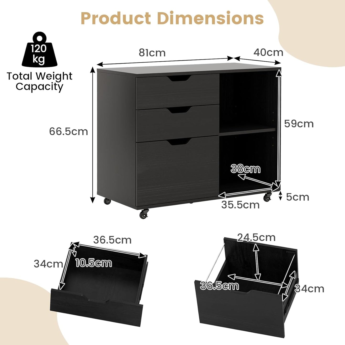 Giantex 3-Drawer File Cabinet, Mobile Printer Stand Cabinet with Adjustable Shelf, Rolling Lateral Filing Cabinet with Wheels for Letter, A4, Legal Size, for Home Office Organization (Black)